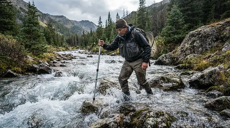 A fisherman utilizing proper cold water safety practices wearing neoprene waders for cold water fishing on a swift stream.