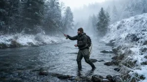 An angler wearing insulated neoprene waders for cold water fishing while casting a fly rod in a frosty mountain river.