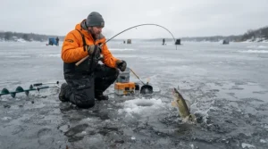 High-visibility orange rain gear for ice fishing worn by a person reeling in a catch on gray ice.