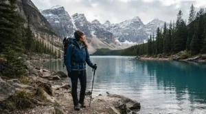 An adventurer in a backcountry setting wearing a packable rain jacket for fishing trips near an alpine lake.