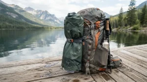 A compact packable rain jacket for fishing trips clipped securely onto the outside of a hiking backpack.