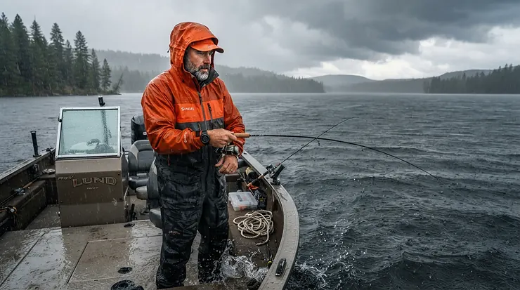 An angler on a boat deck protected by a packable rain jacket for fishing trips during a sudden rain shower.