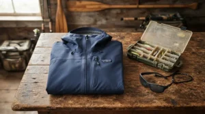 A neatly folded packable rain jacket for fishing trips displayed alongside ultralight gear on a wooden table.