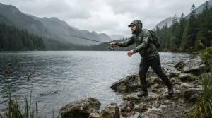 A person casting a line from the lake shore in a lightweight packable rain jacket for fishing trips.