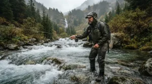 An angler wearing a packable rain jacket for fishing trips while wading in a rushing mountain stream.
