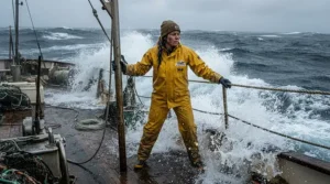 A person staying dry in rain bibs for fishing from a boat as heavy waves splash against the hull.