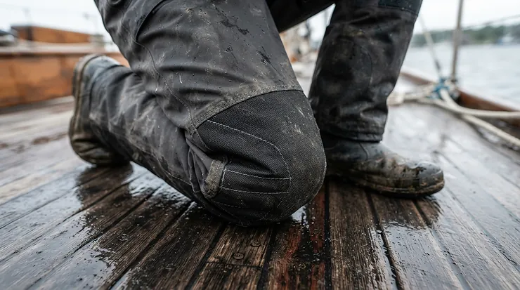 Detail shot highlighting reinforced knees on rain bibs for fishing from a boat during a tackle-rigging task.