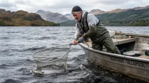 An angler in durable rain bibs for fishing from a boat scooping a fish with a large landing net.