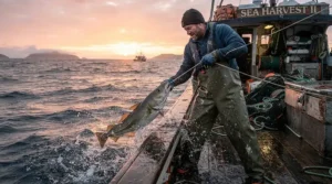 An angler wearing rain bibs for fishing from a boat while pulling up a net during early morning offshore conditions.