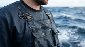 Close-up of utility features on rain bibs for fishing from a boat, showing secure chest pockets and durable hardware.