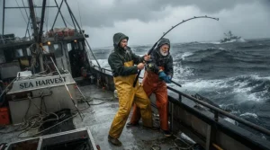 Two anglers outfitted in rain bibs for fishing from a boat reeling in a large catch in the rain.