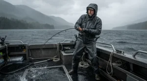 An angler standing on a boat deck wearing heavy-duty rain gear for fishing in heavy downpours during a coastal storm.