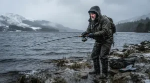 An ice angler wearing a waterproof fishing suit in freezing rain near a frozen lake edge.