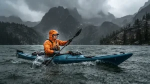 A kayaker paddling through a mountain lake while testing rain gear for fishing in heavy downpours.