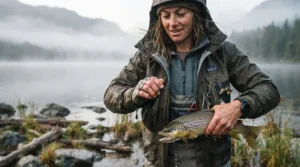 An outdoor enthusiast wearing layered rain gear for fishing in heavy downpours while holding a catch.