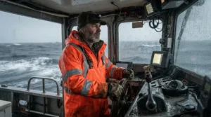 A captain wearing a bright storm fishing safety suit while operating a vessel in rough weather.