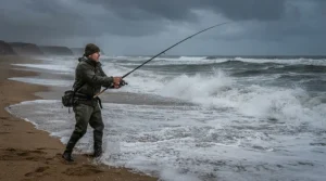 A surfcaster bracing against ocean waves while wearing rain gear for fishing in heavy downpours.