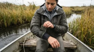 A close-up of a kayak angler adjusting waterproof wrist seals on their rain gear for kayak fishing in a coastal marsh.