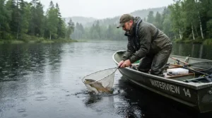 A successful catch in wet weather, highlighting durable rain gear for kayak fishing during a morning drizzle.