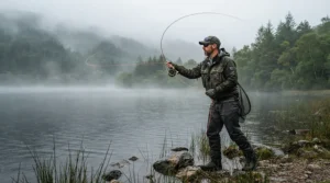 Demonstrating full shoulder mobility and overhead casting flexibility while wearing rain gear for kayak fishing on a lake.