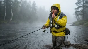 A safety-focused view of a kayak angler utilizing high-visibility rain gear for kayak fishing during heavy fog.