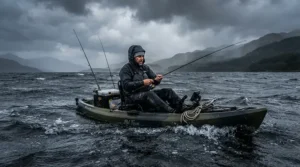 An angler wearing proper rain gear for kayak fishing while battling choppy water under a dark spring storm sky.