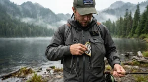 Reaching easily into a PFD pocket while wearing lightweight rain gear for kayak fishing on a mountain lake.