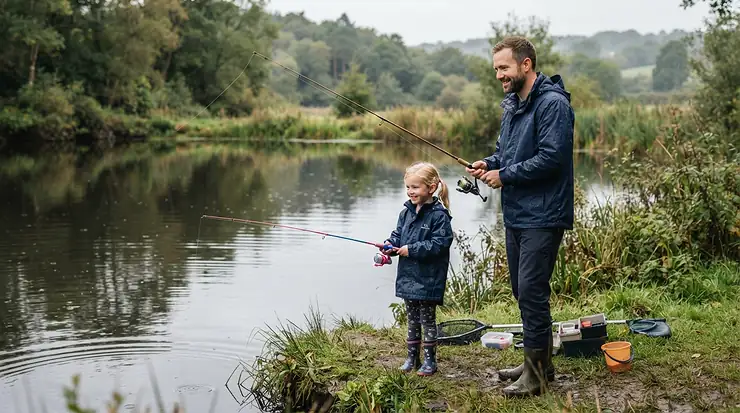 A parent and child both wearing a practical rain jacket for fishing together by a quiet suburban pond.