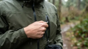 A close-up of an angler checking tackle box storage on a waterproof rain jacket for fishing during a heavy downpour.