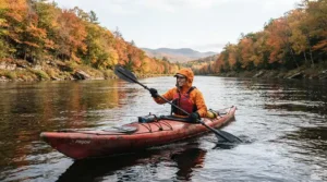 A kayaker wearing a streamlined rain jacket for fishing, paddling through calm waters under grey autumn skies.