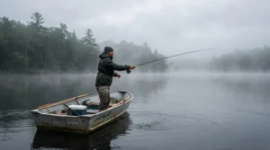 An angler wearing a durable rain jacket for fishing while casting a line from a boat on a misty morning lake.