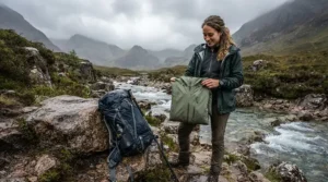 A hiker pulling a lightweight, packable rain jacket for fishing out of a backpack beside a mountain stream.