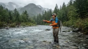 A friendly angler wearing a bright yellow rain jacket for fishing while standing knee-deep in a rushing river.