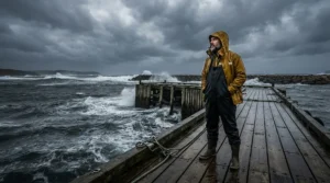 An experienced fisher wearing a heavy-duty rain jacket for fishing against ocean spray on a coastal wooden pier.