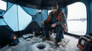 A person sitting inside an ice shelter wearing waterproof rain gear for ice fishing to stay dry in wet snow.
