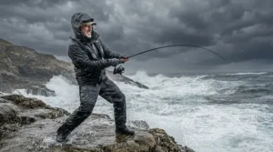 An angler fighting strong winds while wearing specialized rain gear for ice fishing on an open plain of ice.